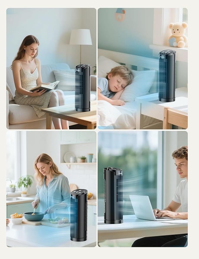 Grelife 13'' Tower Fan for Bedroom, 26dB Quiet Floor Fan with Remote, 3 Mode, 1-8H Timer, 90° Oscillating Fans for Indoors with 27ft/s Velocity, Portable Desk Table Fan for Room, Home, Office,Black-HomvellaHome