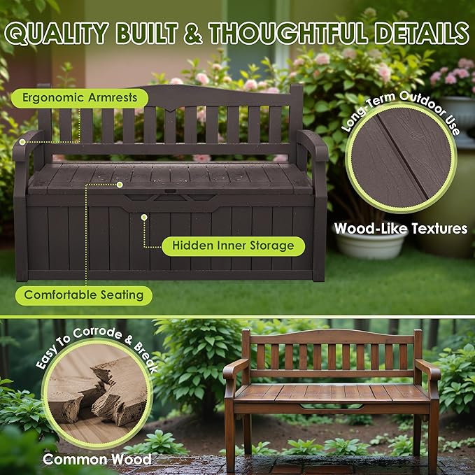 Greesum 80 Gallon Outdoor Storage Bench, Resin Patio Furniture with Armrest,Waterproof and UV-Resistant, Perfect to Garden, Poolside and Lawn, Dark Brown-HomvellaHome