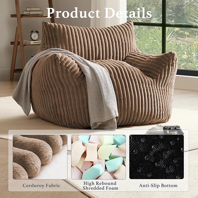 Giant Plush Bean Bag Chair for Adults with Armrests - Oversized Comfy Khaki Beanbag Lounge Lazy Floor Sofa Chair for Living Room, Bedroom & Dorm, Cozy Fluffy Single Cloud Mini Couch-HomvellaHome