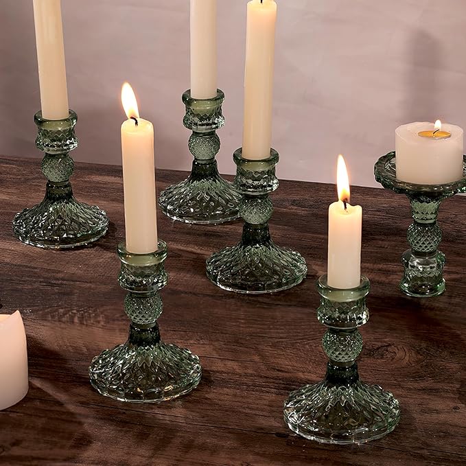 12Pcs Green Candlestick Holders Set- 4" H Taper Candle Holders Bulk, Glass Candle Holders for Wedding, Party, Romantic Dinner Table Centerpieces, Festival Gifts & Windowsill Decor-HomvellaHome