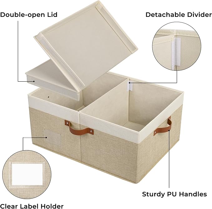 GRANNY SAYS Decorative Storage Boxes with Lid, Large Storage Bins with Double-Open Lid and Divider, Fabric Storage Bin for Clothes, 63L Closet Linen Storage Bin, White/Khaki-HomvellaHome