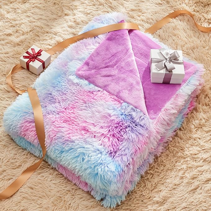 GONAAP Fuzzy Faux Fur Throw Blanket Twin Size Purple Rainbow Super Soft Cozy Plush Fuzzy Shaggy Blanket for Couch Sofa Bed (Purple Rainbow, Twin(60"x80"))-HomvellaHome