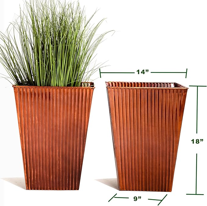 18in Vintage Handmade Metal Vertical Lines Copper Tapered Planters Set of 2, Galvanized Steel Planter Box with Drainage Hole for Indoor/Outdoor/Porch/Garden-HomvellaHome