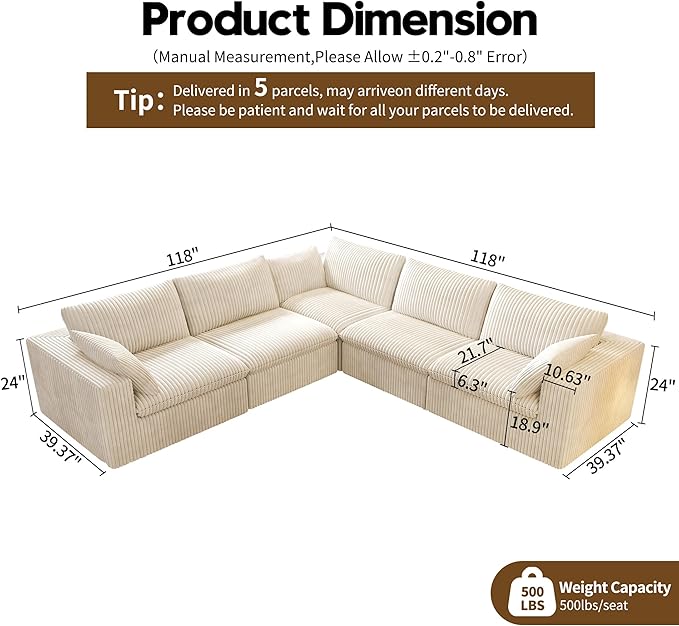 118" V Shaped Corner Modern Sofa Modular Sectional Cloud Couch,Deep Seat Upholstered Couches with Plush Corduroy Fabric for Living Room Furniture,Bedroom and Apartment,No Assembly Required,White-HomvellaHome