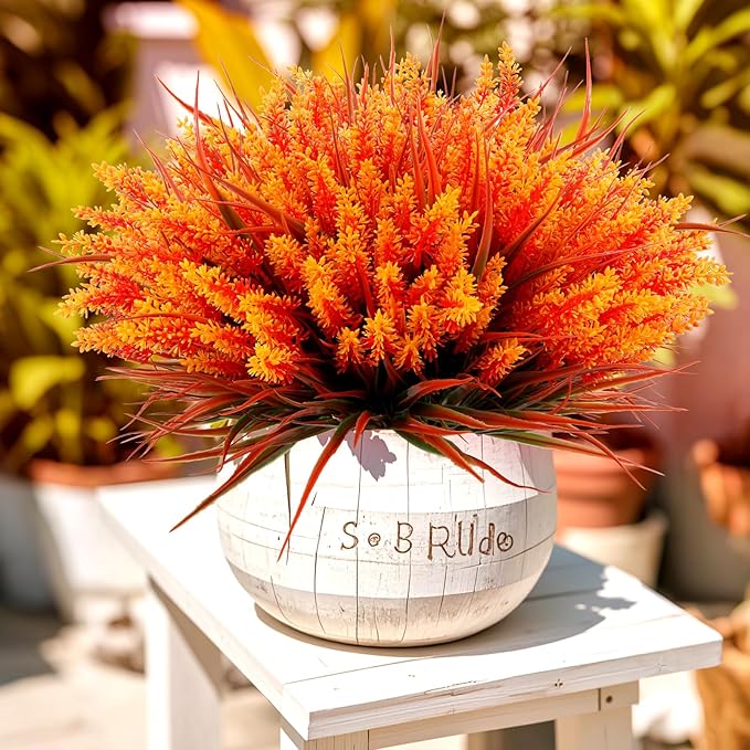 Geegoods 24 Bundles Artificial Fall Flowers Outdoor – Faux Lavender Flowers with Monkey Grass UV Resistant Plastic Faux Plants for Garden Porch Patio Home Decor, Autumn-Orange Color-HomvellaHome