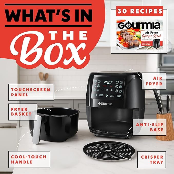 Gourmia Air Fryer 6 QT Digital – Guided Cooking with 12 One‑Touch Presets, FryForce 360 Large XL Basket, Touchscreen, Dishwasher‑Safe Accessories, Healthy No‑Oil Cooking GAF686-HomvellaHome
