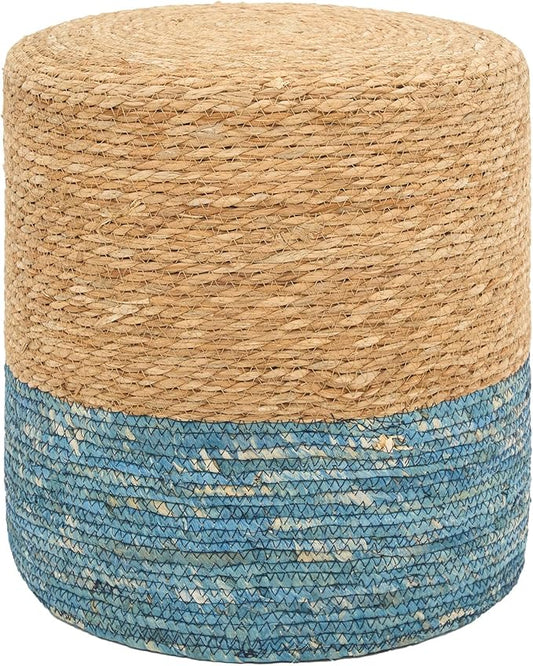 16'' Round Ottoman Natural Seagrass Braided Poof Hand Weaving Round Ottomans Boho Footrest Stool for Home Living Room Bedroom Patio(Natural&Blue)-HomvellaHome