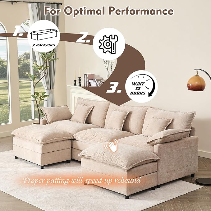 108" U Shaped Couch, Modular Sectional Sofa, 3-Seater Comfy Cloud Couch with Movable Ottoman, Deep Seat Couches for Living Room, Chenille, Flat White-HomvellaHome