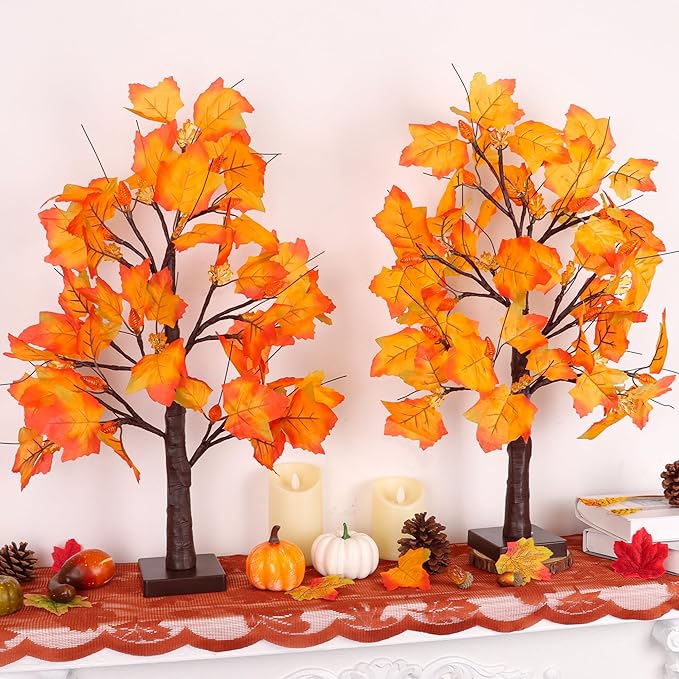 2 Pack 24 Inch Prelit Fall Maple Tree Fall Decor with 48 LEDs Timer Battery Operated Artificial Fall Light Up Tree Maple Acorn for Fall Thanksgiving Decorations Table Home Office Indoor Autumn Harvest-HomvellaHome