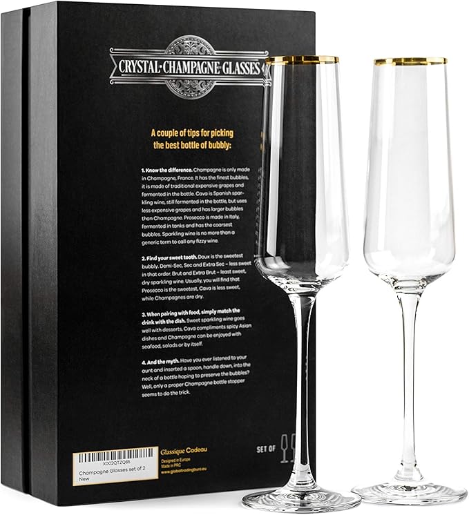 Gold Rim Champagne Gift Glasses | Set of 2 | Crystal Square Toasting Flutes for Bride and Groom, Wedding, Anniversary, Birthday | Elegant Long Stemmed Glassware for Sparkling Wine, Prosecco-HomvellaHome