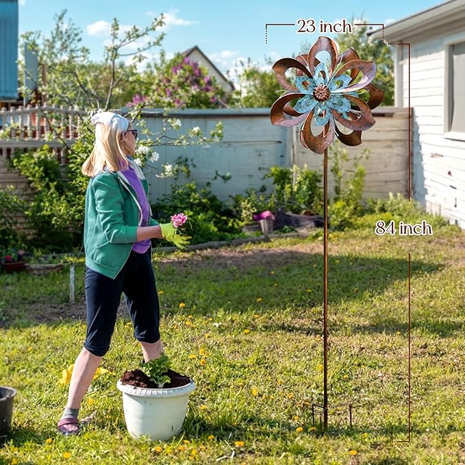 Garden Wind Spinner,Flower Wind Spinner,Outdoor Metal Wind Sculpture & Spinner Large 23 inch Dia 84 inch Height Kinetic Windmill for Garden Yard-HomvellaHome