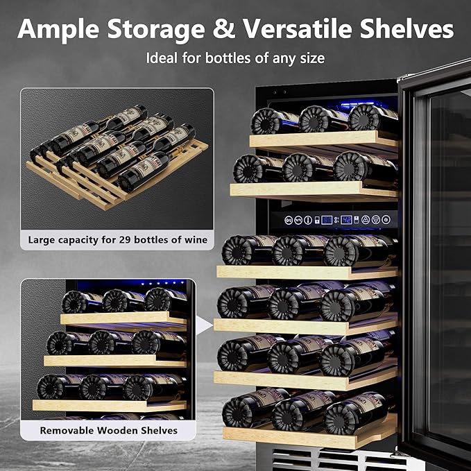 15 Inch Dual Zone Wine Refrigerator, 29 Bottle Under Counter Wine Fridge, Wine Refrigerator for Built-In or Freestanding, Wine Cooler with Removable Shelves, Double-Layer Glass Door, for Home-HomvellaHome