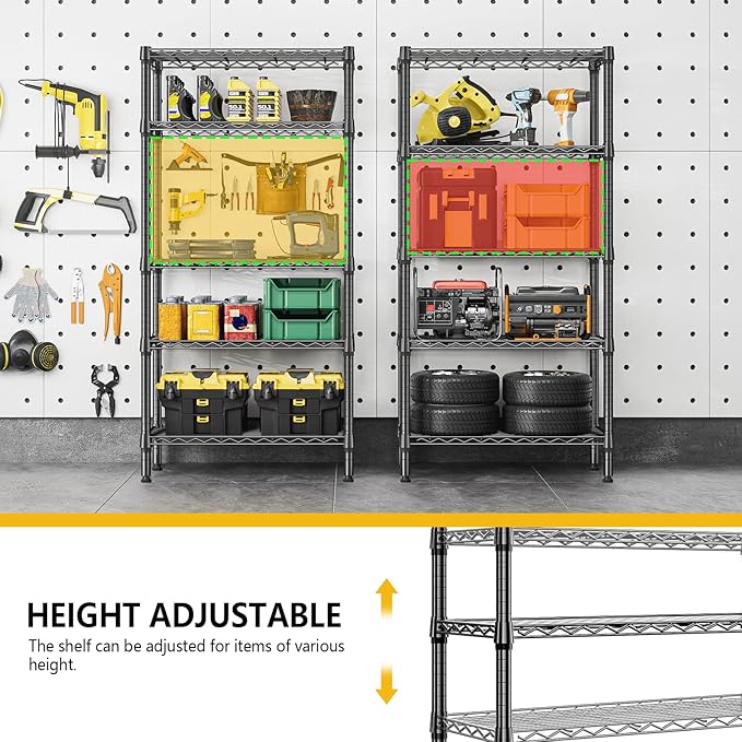 1250 lbs 5 Tier Shelf Metal Storage Shelves Shelving Wire Rack Heavy Duty Closet Organizers for Garage Kitchen Bathroom Laundry Black 13.8" D x 29.5" W x 59.5" H-HomvellaHome
