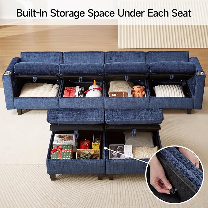 110" Modular Sectional Sofa, Convertible Sleeper Sofa Couch Bed with Adjustable Backrest, U-Shaped Chenille Cloud Couch with Ottoman Storage, Deep Seat Couches for Living Room,Blue-HomvellaHome