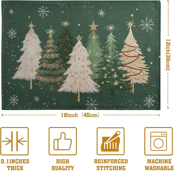 Green Christmas Tree Placemats Set of 4, 12x18 Inch Xmas Trees Snowflakes Winter Holiday Place Mats Seasonal Washable Linen Table Mats for Indoor Outdoor Kitchen Dining Party Décor-HomvellaHome