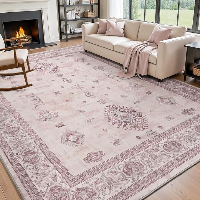 AMOAMI-Vintage Area Rug 6X9 Pink Rugs for Living Room-Soft Living Room Rug Non Slip Rugs for Bedroom Carpet Machine Washable Rug for Dining Room Bedside Office Room Decor-HomvellaHome