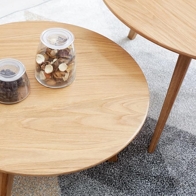 100% Solid Oak Wood Mini Coffee Table, Round Living Room Table Side Table w/Solid Wood Legs, Walnut Mid Century Sturdy Tables for Bedroom Balcony Living Room (23.62" D x 13.78" H)-HomvellaHome