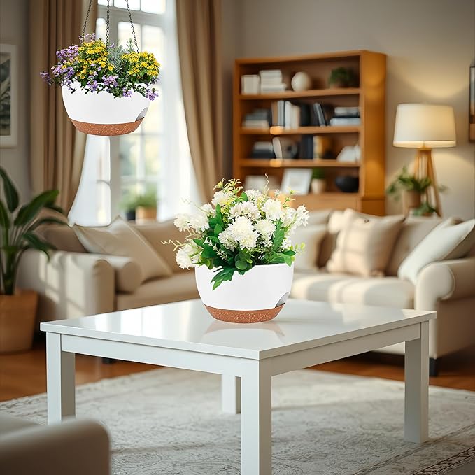 2 Pack 12 Inch Large Hanging Planters with Chains Self Watering White Brown Plastic Hanging Pots for Indoor Outdoor Plants, Garden Porch Home Decor，White Brown-HomvellaHome