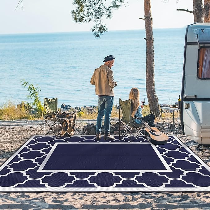 GENIMO 10' x 14' Outdoor Rug Waterproof for Patio, Foldable Reversible Plastic Straw Area Rugs Mat for Rv Decor, Outside Carpet for Camper, Deck, Picnic, Beach, Balcony, Porch, Blue & White-HomvellaHome