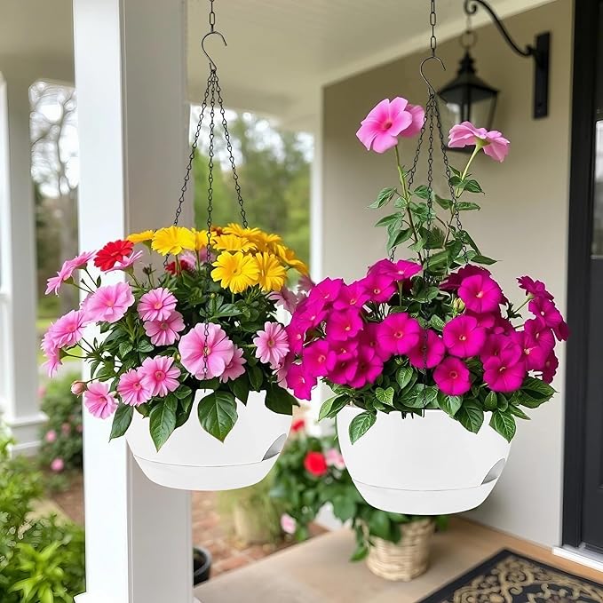2 Pack Hanging Planters for Indoor Outdoor Plants, 8 Inch Self Watering Hanging Pot with Drainage Holes and Saucer, Plastic Plant Pots, White Flower Pots for Kitchen, Balcony, Garden-HomvellaHome
