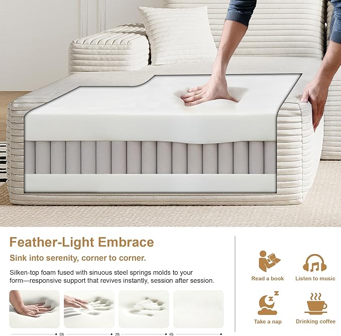 136" Sectional Couches for Living Room Modern Modular Sofa with L-Shape Couchs Upholstered Boneless Couch Deep Seat Sectional Couch with Chaise (White, Left Facing Chaise+3Seaters)-HomvellaHome