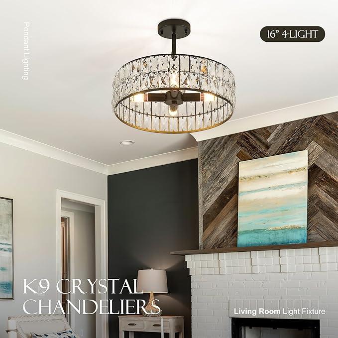 16” 4-Light Modern Crystal Chandeliers Black Dinning Room Light Fixture with Two Rods, Round Pendant Light Kitchen Island Chandelier, Flush Mount Ceiling Light for Living Room Entryway-HomvellaHome
