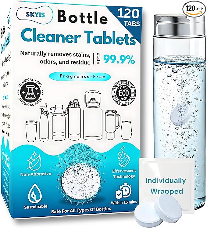 120-pcs Water Bottle Cleaner Tablets, Chlorine-free, Water Bottle cleaner, Tumbler washer and Glass bottle cleaner Removes stubborn stains and Freshens glass bottles and utensils-HomvellaHome