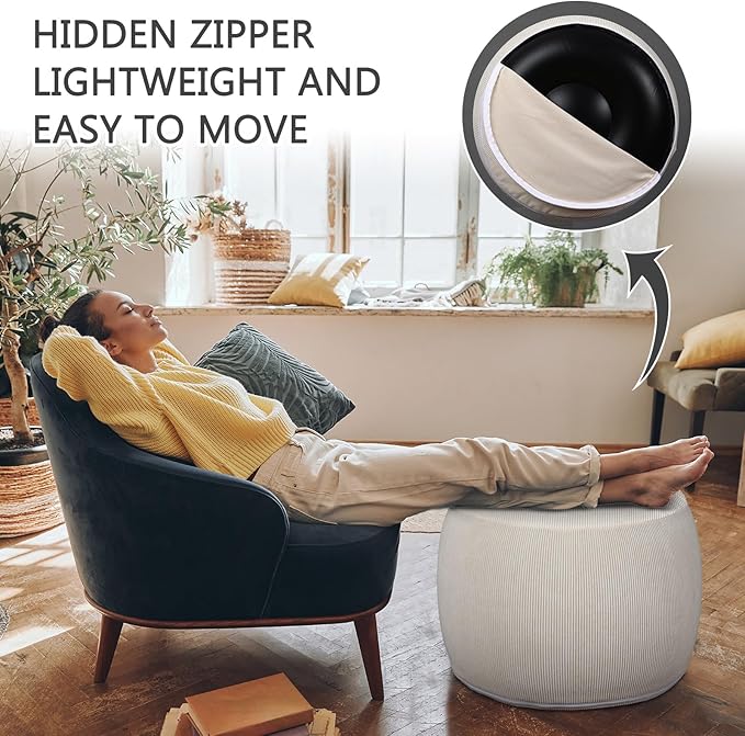 2 Pack Round Inflatable Pouf Ottoman Foot Rest for Couch 20 x 16 Inch Cozy Portable Floor Corduroy Poufs Foot Stool Ottoman with Pump for Living Room Bedroom Chair, Beige-HomvellaHome