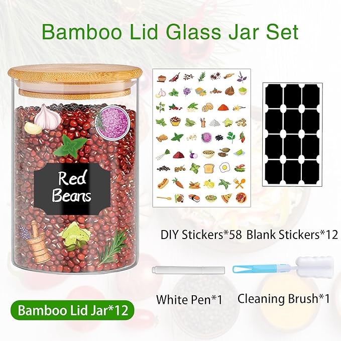 Glass Jars with Bamboo Lids 20 oz, 12 Pcs Stackable Kitchen Glass Pantry Storage Containers with Airtight Bamboo Lids for Rice, Candy, Sugar, Flour, Nuts, Cookie, Bean-HomvellaHome