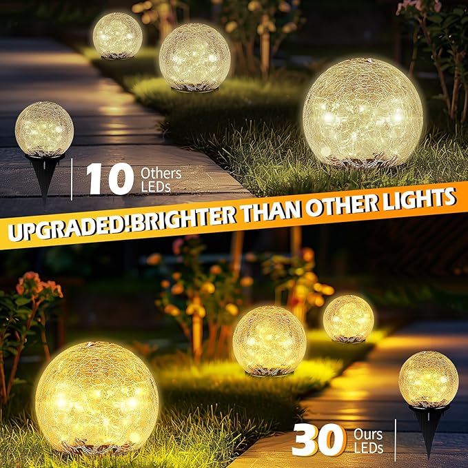 Garden Solar Ball Lights Outdoor Waterproof, 30 LED Cracked Glass Globe Solar Power Ground Lights for Path Yard Patio Lawn, Christmas Decoration Landscape Warm White(2 Pack 3.9'')-HomvellaHome