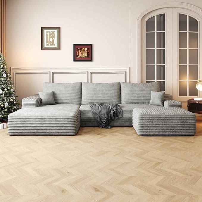 108" Sectional Couches for Living Room Modern Modular Sofa with L-Shape Couchs Upholstered Boneless Couch Deep Seat Sectional Couch with Chaise (Grey, Left Facing Chaise+2Seaters+1Ottoman)-HomvellaHome