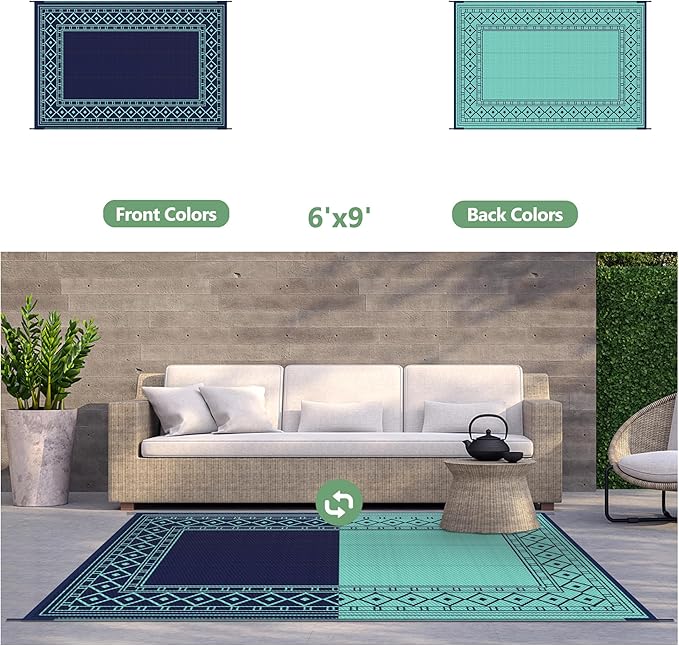 GENIMO Outdoor Rug Waterproof 6'x9' for Patio, Foldable Reversible Plastic Straw Carpet, Outside Area Mat for Patios, Rv, Deck, Picnic, Porch, Camper, Balcony, Beach, Navy Blue & Jade Green-HomvellaHome
