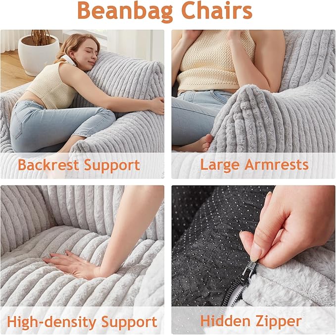 Giant Bean Bag Chairs for Adults with Filling Plush Fluffy Bean Bag Chairs for Teens with Armrests Comfy BeanBag Lazy Couch Sofa Chair for Bedroom Living Room Reading-HomvellaHome
