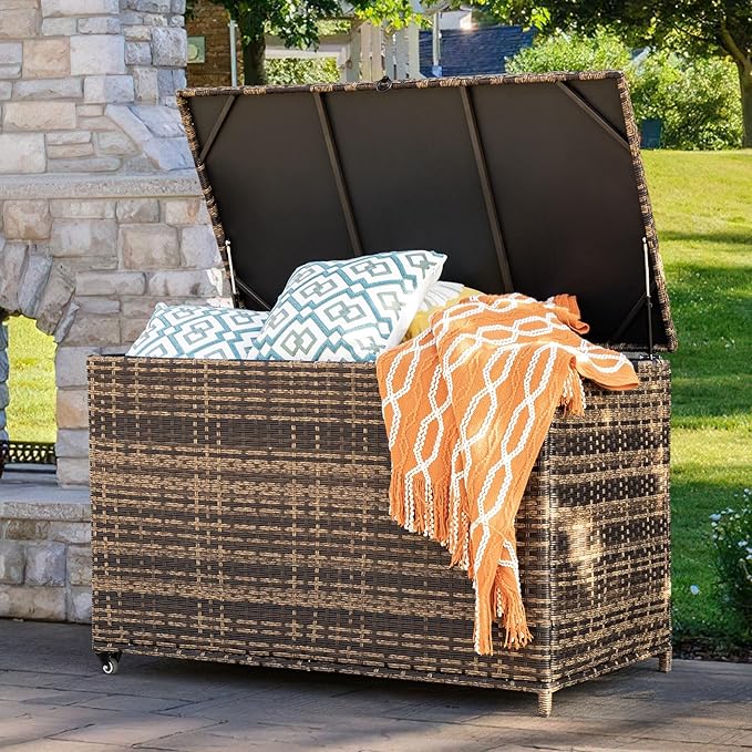 178 Gallon Outdoor Storage Box, Handle Large Portable Wicker Rattan Deck Box for Patio Furniture Cushions, Patio Deck Box with 2 WheelsThrow Pillows, Garden Tools and Pool Floats (Brown)-HomvellaHome