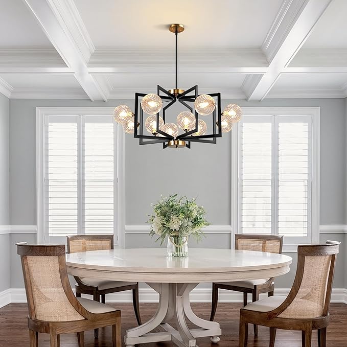 12 Light Black Farmhouse Chandelier Geometric Metal Dining Room Light Fixture Height Adjustable Black Chandeliers for Dining Room Clear Glass Farmhouse Industrial Pendant Lights for Bedroom, Entryway-HomvellaHome