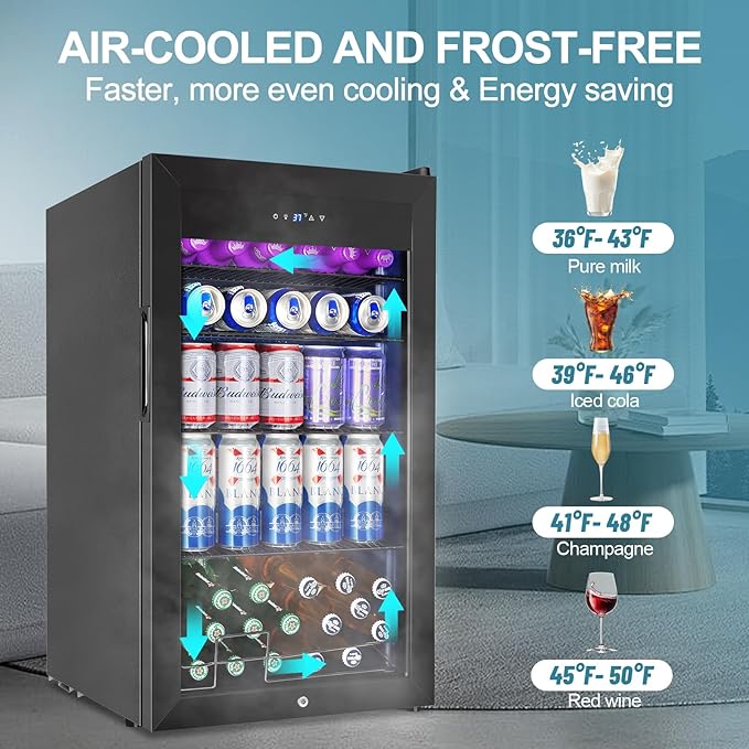 128 Cans Beverage Refrigerator Cooler, 3.2 Cu.Ft Mini Drink Fridge Glass Door for Drink Beer Soda Wine, Small Beer Fridge with 4 Removable Shelves for Kitchen Bedroom, Office Bar Gaming Room, Black-HomvellaHome