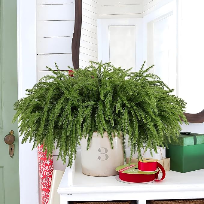 12 Pcs Artificial Norfolk Pine Branches, Norfolk Pine Artificial Pine Stems DIY Crafts Faux Christmas Greenary Norfolk Pine Branches for Xmas Wreath Garland Home Decor (12)-HomvellaHome