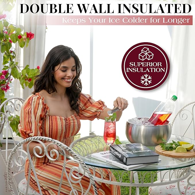 Gusto Nostro 4.1L Insulated Ice Bucket with Lid and Tongs, Double Wall Stainless Steel Ice Bucket Large, BPA Free Ice Bucket for Cocktail Bar, Keeps Champagne, Wine, Beer Chill for Parties-HomvellaHome