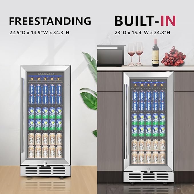 15'' Beverage Refrigerator Cooler - 126 Cans Under Counter Beverage Fridge with LED Light, Built-in Design, Wine Cooler for Home/Kitchen-HomvellaHome