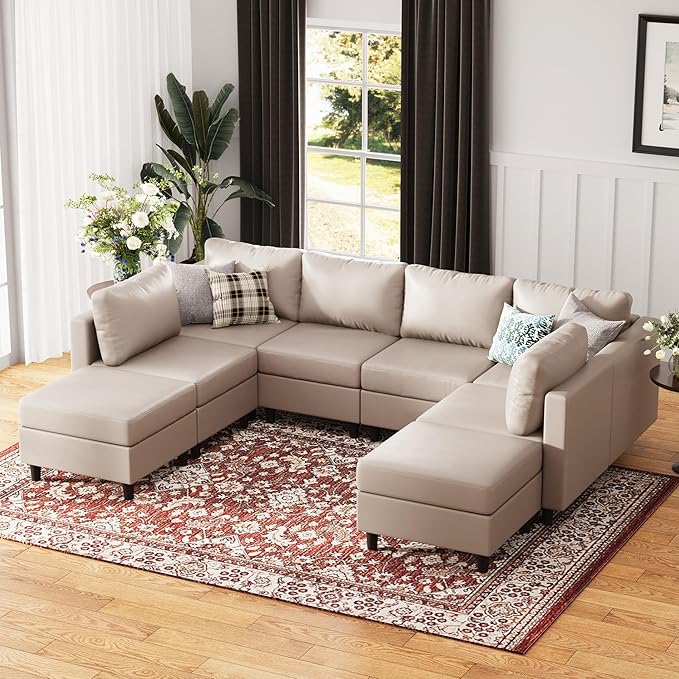 118.5" Faux Leather Modular Sectional Sofa, Modern Large 8 Seater U Shaped Couch with Storage Seat with Reversible Chaise Deep Seat for Living Room DIY Combination - Whitesand-HomvellaHome