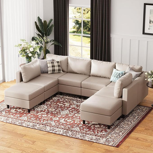 118.5" Faux Leather Modular Sectional Sofa, Modern Large 8 Seater U Shaped Couch with Storage Seat with Reversible Chaise Deep Seat for Living Room DIY Combination - Whitesand-HomvellaHome