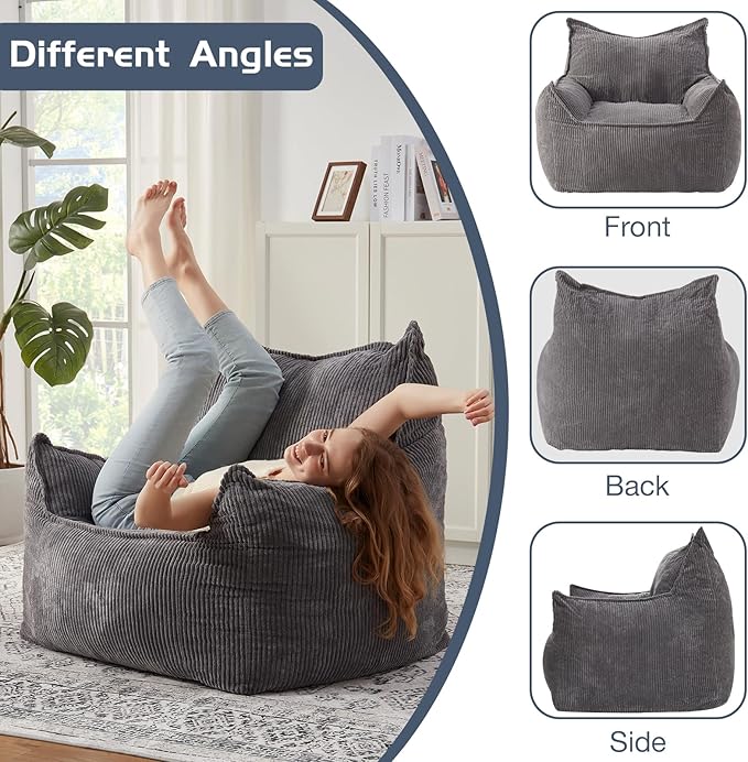Giant Bean Bag Chair Sofa for Adults Teens, Comfy Corduroy Large Bean Bag Chairs with Armrests for Bedroom Living Room, Adult BeanBag Lazy Sofa Couch Chairs with Filler Included-HomvellaHome