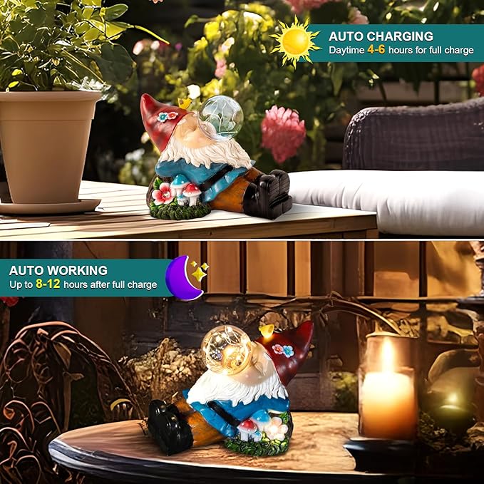 Gnome Solar Garden Statue with LED Light - Waterproof Outdoor Decoration for Terrace, Courtyard & Lawn for Moms & Women-HomvellaHome