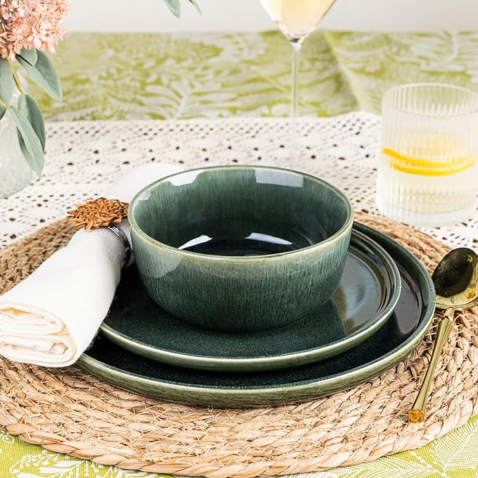 GBHOME Ceramic Dinnerware Sets for 8, 24 Pieces Stoneware Plates and Bowls Sets, Reactive Glaze Dishes -Scratch Resistant, Dishwasher&Microwave Safe, Earth Green-HomvellaHome