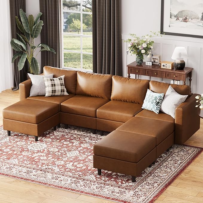 118.5" Faux Leather Modular Sectional Sofa, 7 Seater U Shaped Couch with Storage Seat with Reversible Chaise Deep Seat for Living Room Brown-HomvellaHome