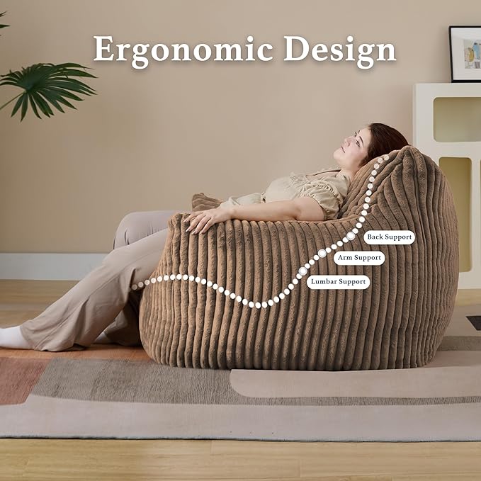 Giant Plush Bean Bag Chair for Adults with Armrests - Oversized Comfy Khaki Beanbag Lounge Lazy Floor Sofa Chair for Living Room, Bedroom & Dorm, Cozy Fluffy Single Cloud Mini Couch-HomvellaHome