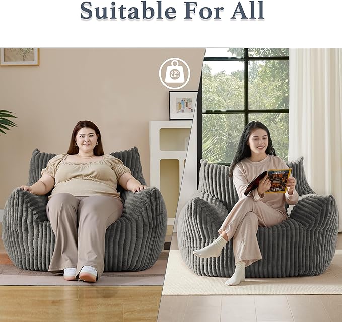 Giant Plush Bean Bag Chair for Adults with Armrests - Oversized Comfy Light Grey Beanbag Lounge Lazy Floor Sofa Accent Chair for Living Room, Bedroom & Dorm, Cozy Fluffy Single Cloud Mini Couch-HomvellaHome