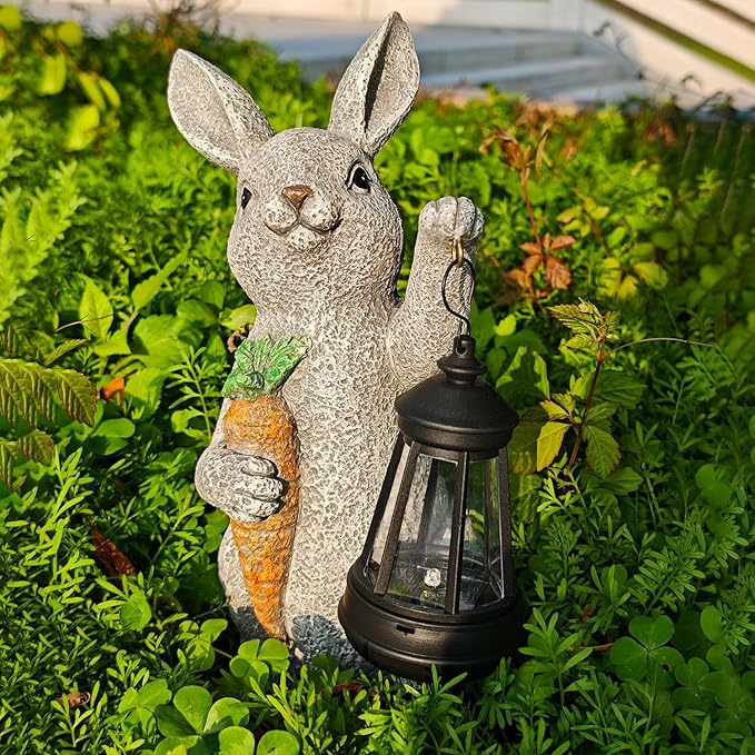 Garden Statues Rabbit Solar Lantern Outdoor Handmade Resin Statue Bunny with Cute Carrot for Patio, Yard,Mother's Day Gift Ideas (rabbit1)-HomvellaHome