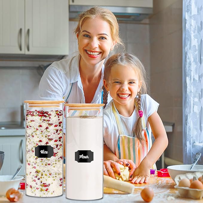 Glass Jars with Bamboo Lids, 72oz 3Pcs Kitchen Glass Containers with Bamboo Lids, Airtight Glass Pantry Storage Containers with Lids for Spaghetti, Pasta, Rice, Nuts, Flour, Bean, Dry Foods-HomvellaHome