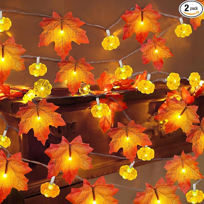 2 Pack & Timer - Fall Garland with Pumpkin Lights Halloween Fall Decor for Home 60LED 20Ft Enlarged Maples Leaves Halloween Garland Lights Indoor Battery Operated Thanksgiving Decor Wedding Christmas-HomvellaHome